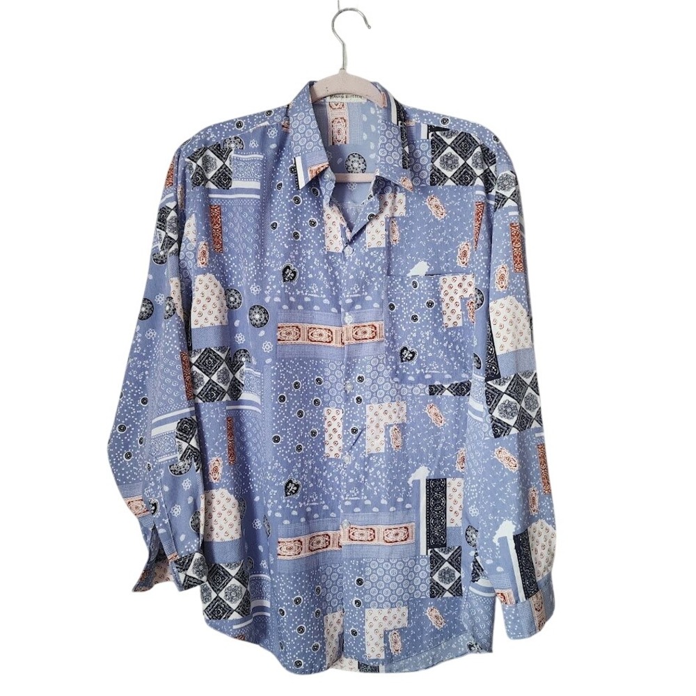 BANANA REPUBLIC VINTAGE 80s Safari Travel Shirt Blue Cottagecore Patchwork print